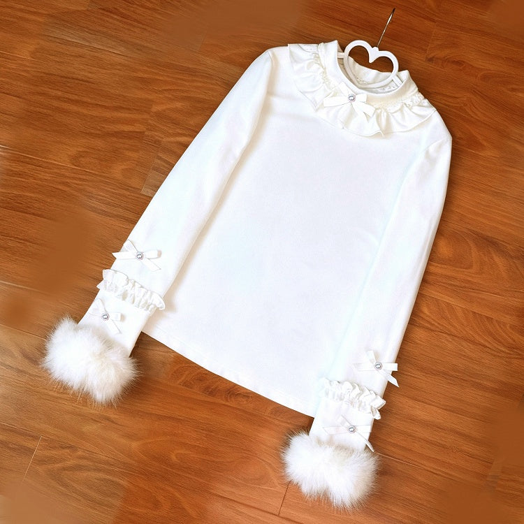 Lolita Long Top White Autumn/Winter with Ruffles Cozy Sleeves