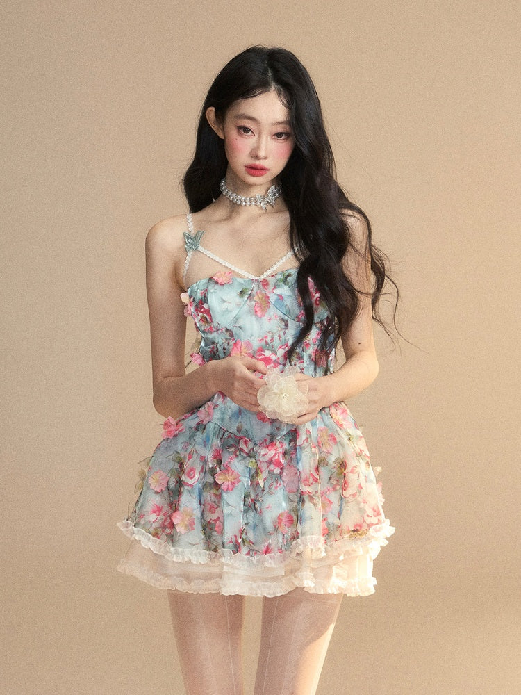 アクセントブルーの油絵プリントフローラルバタフライスリップドレスフリルミニトリムと