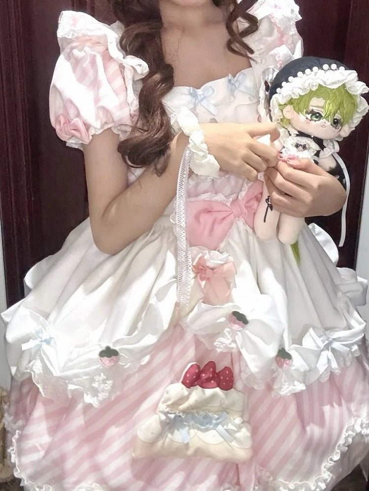 Hairband Train + Set Stripe Bubble Dress Full Lolita with Skirt Sleeves Cake Brooch Apron Sweet Pink Decor OP Puppy Bow Detachable