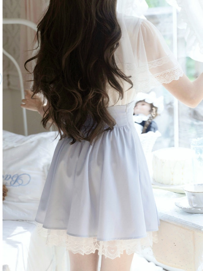 ジライケイ セット ボックスプリーツスカート + ケープトップ + ブルートリム 蝶ネクタイ ホワイトレース