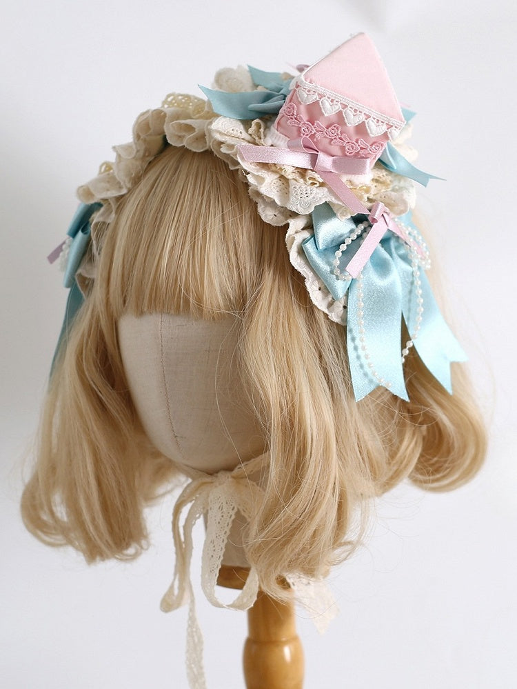 Bowknot Ruffled Beaded Sweet Lolita Hairband Details PinkBlue Decorated