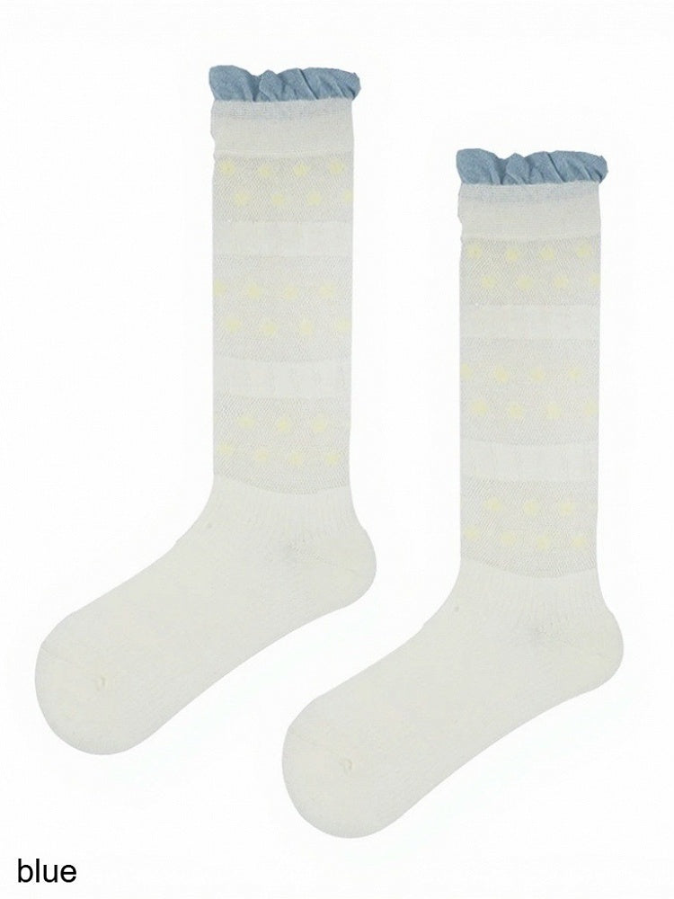 3-Color Semi-sheer Polka-dot Calf Socks with Ruffled Cuff - ModaSwings