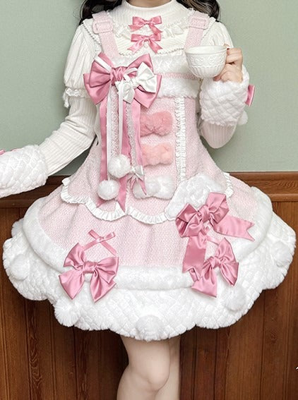 Pom-poms Pink with Lolita Overalls Trim Scalloped Sweet Dress White Bowknots Edge and