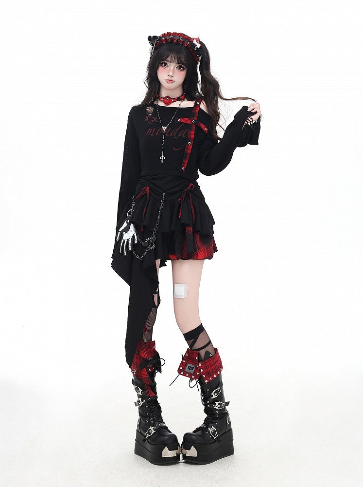 Cami Kleid Rock Rot und Schwarz Plaid Kordelzug Taille Taschentuch Saum Stufen