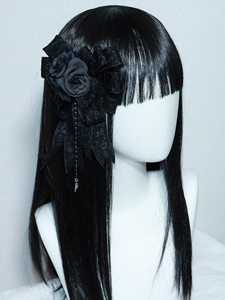 Lolita-Design, geblümt und schwarz mit Skelett-Perlen-Haarspange/Brosche, Gothic-Schleifen-Charm