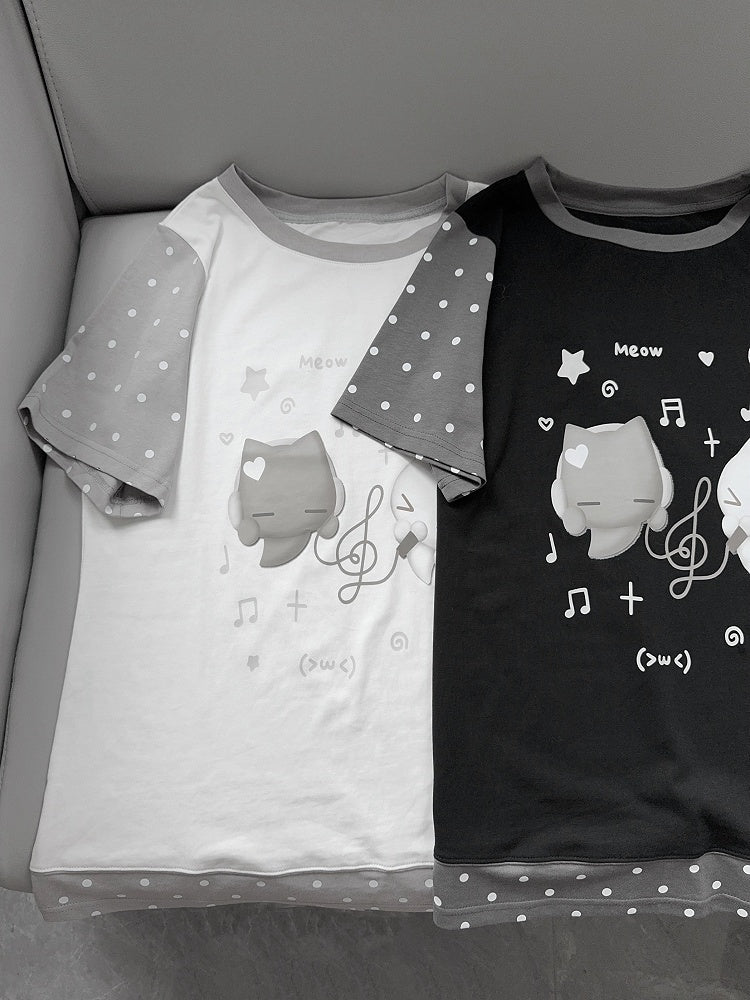 Print Polka T-shirt White Cat Pattern Round-neck Dot with