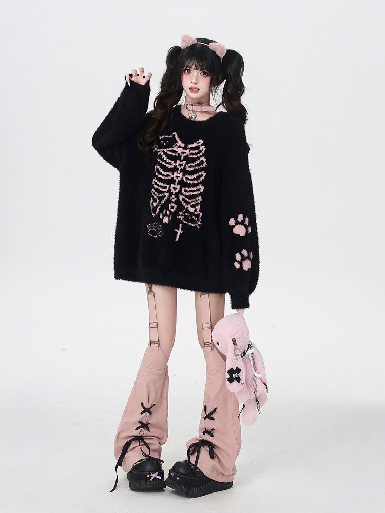 Black/Pink Fuzzy Cat Paw Pattern Sweater