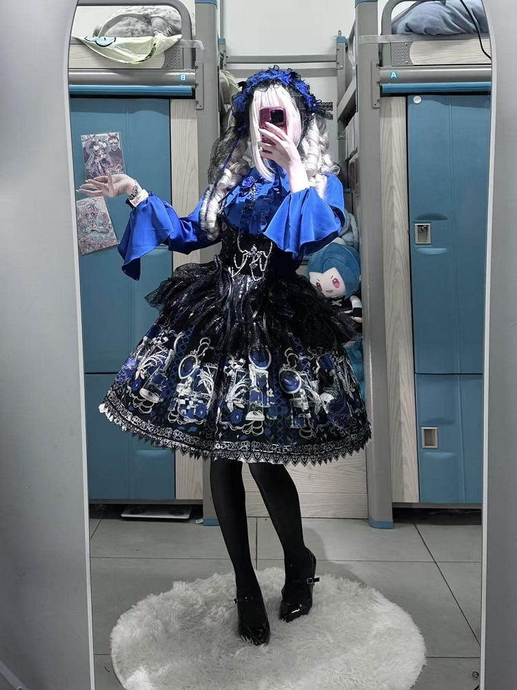 Short Skull Under and Spider with Print JSK Web Blue Dress Bust Gothic Lolita Rosette Overlay Klein