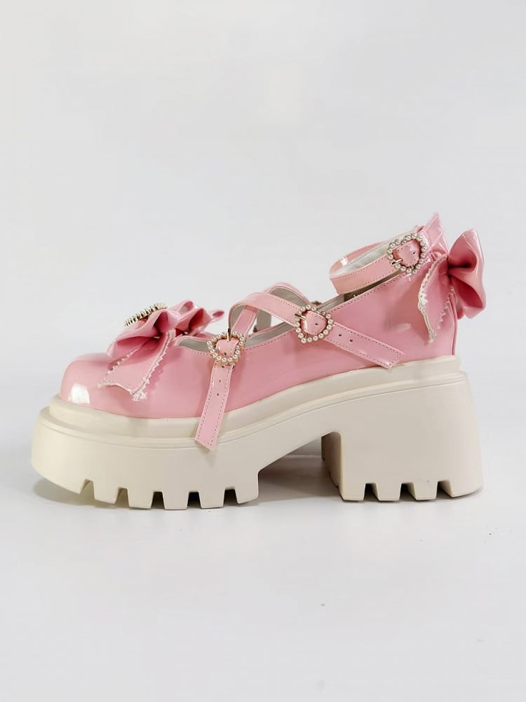 Mary Beaded Pink Details Crossed Janes with Bow Chunky Straps Heel Heart - Closure
