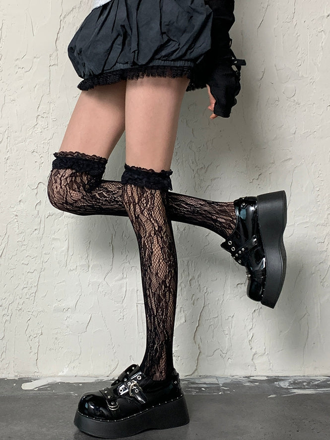 Overknee-Design, schwarze Manschette, gerüschte, ausgehöhlte Mode-Gyaru-Strümpfe