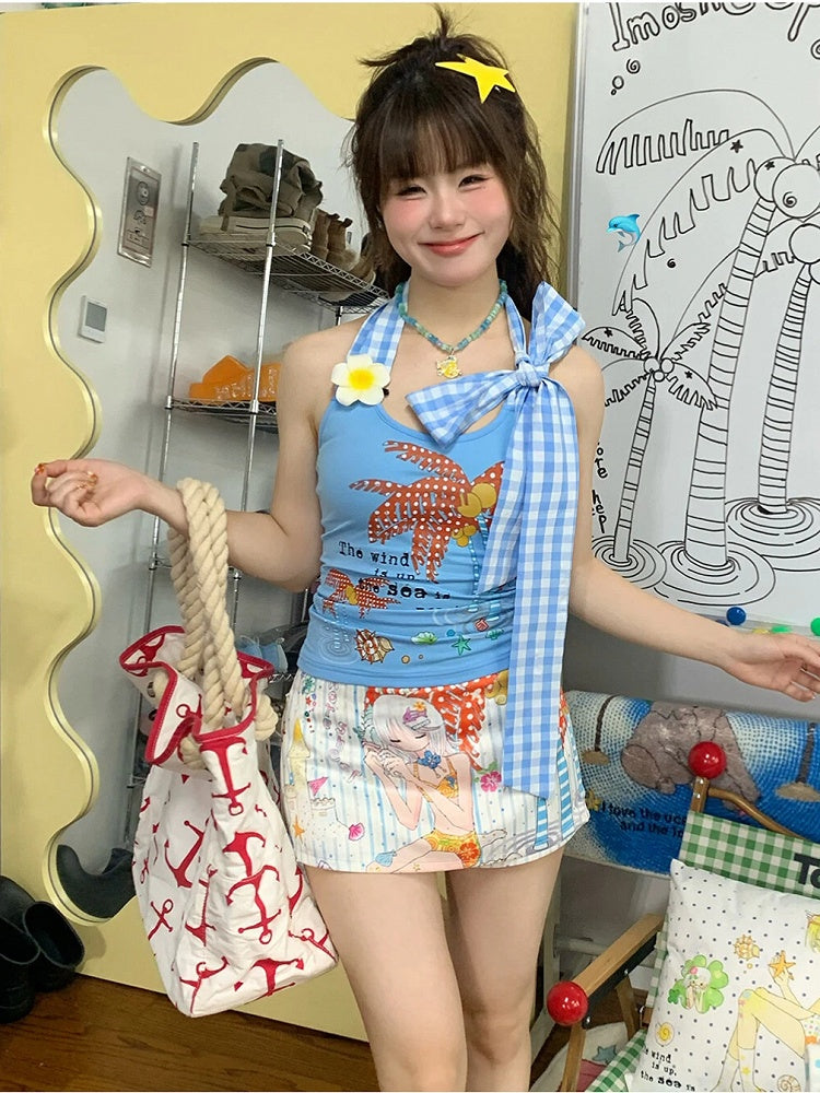 Palm with Self-tie Print Halter Blue Top Red