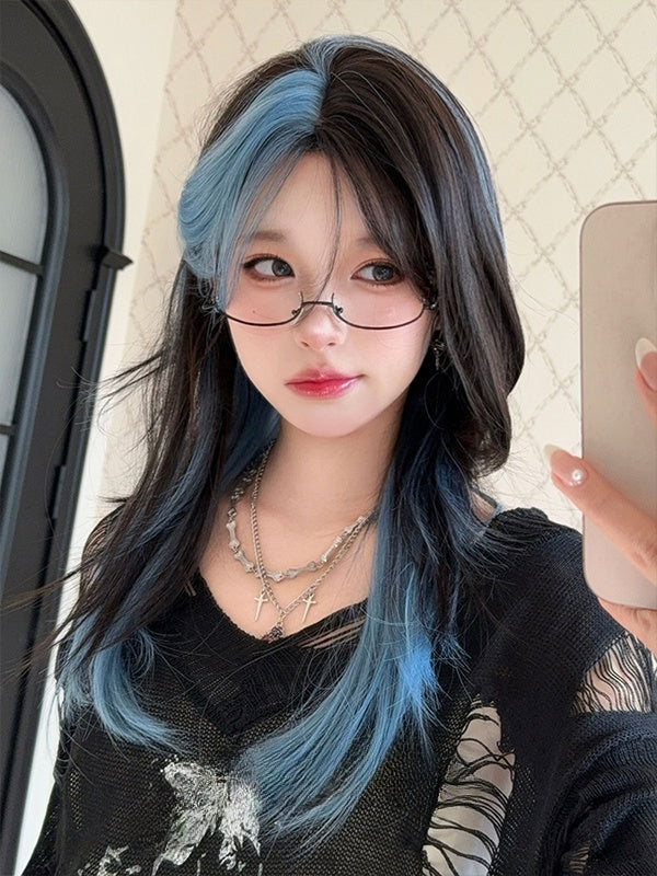 Lange, glatte Kunsthaarperücke mit schwarzen und blauen Highlights und Pony