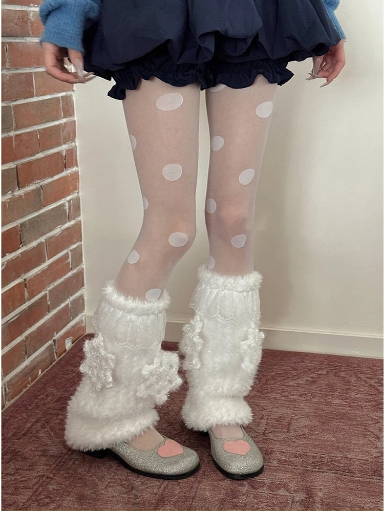 Leg White Snowflake 6 Warmers with Fuzzy Appliqués