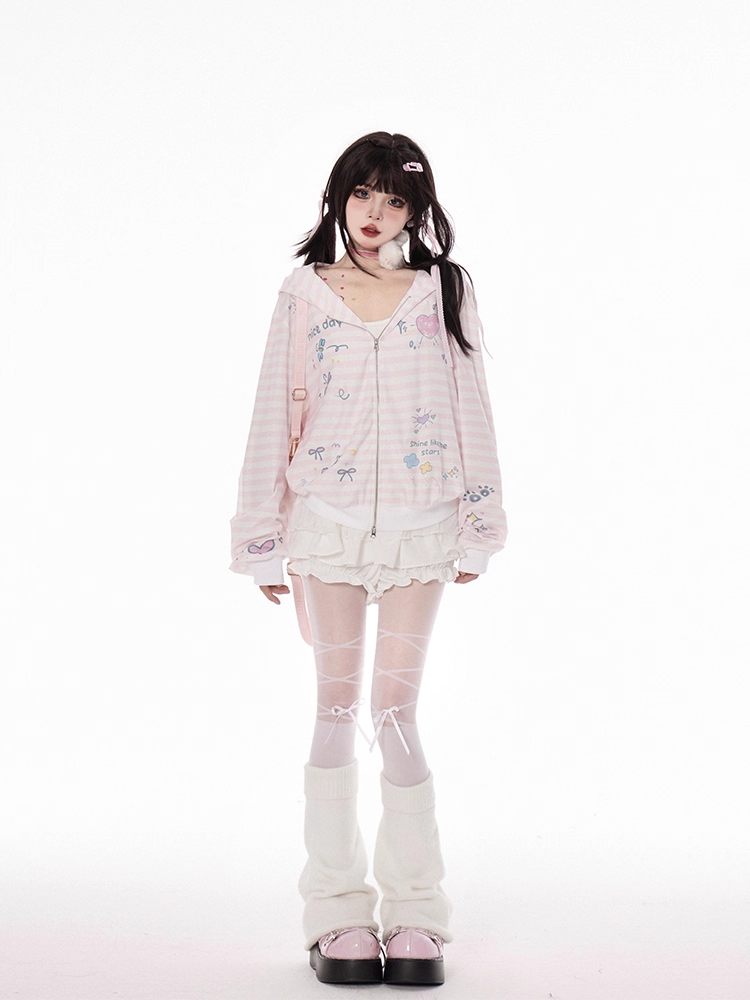 Pink Striped Hooded Jacket Closure Zip Pattern Y2K Autumn Print for