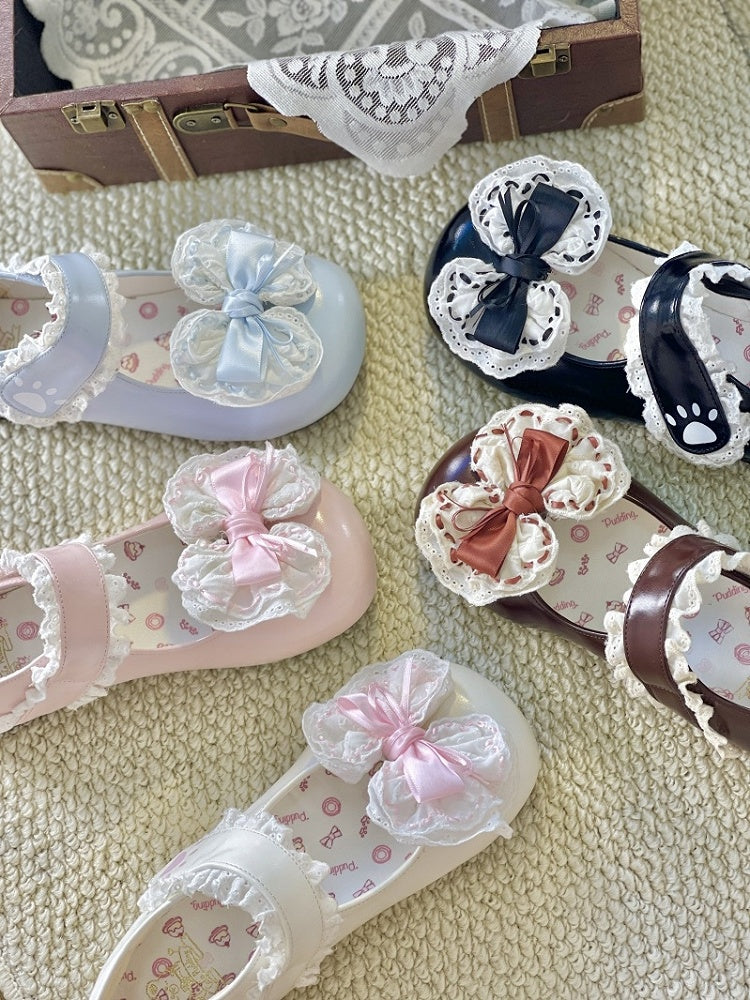 Print PU Toe Bow Sweet with - Janes Black Lolita Heel Low/Mid Mary Paw Round Detachable