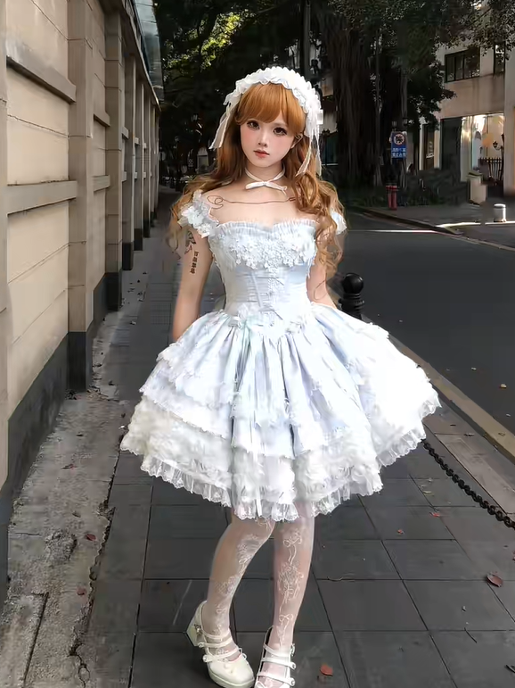 Hime Basque Flower Lace Layered Fluffy Lolita Dress Blooming with Blue Accents Waist | Sheer Ocean