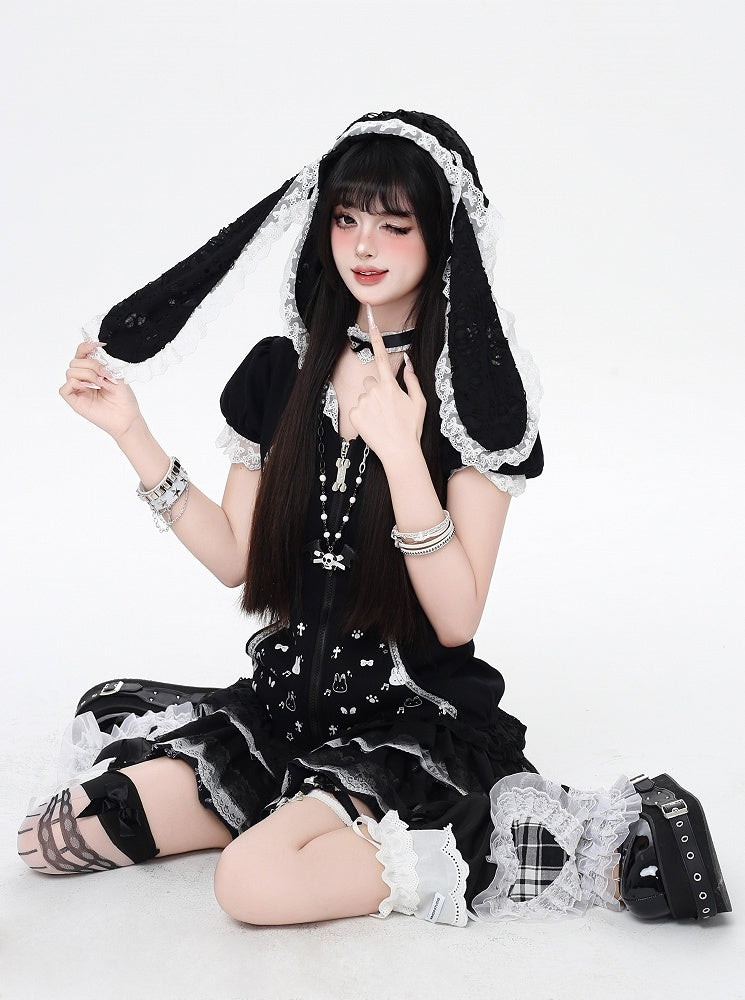 Jirai Trim Bunny Ears Design Hood Lace Kei Black/White