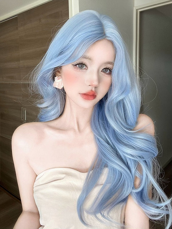 Blue Long Wavy Synthetic Wig With Curtain Bangs