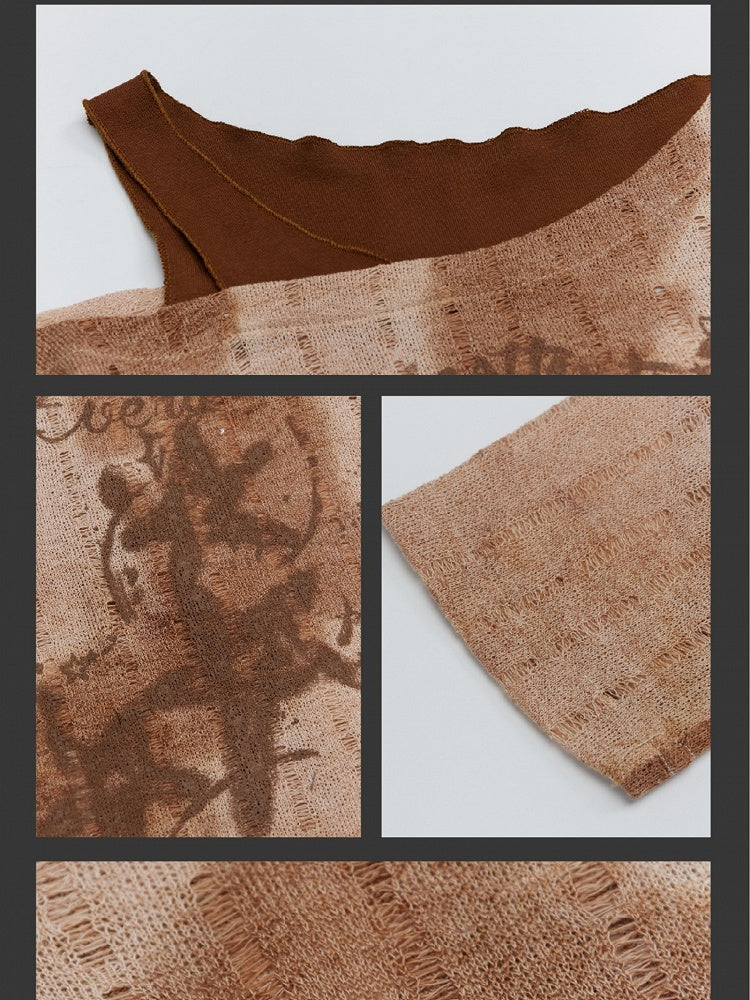 Grey/Brown Butterflies Asymmetrical Neckline Tie Dye Top