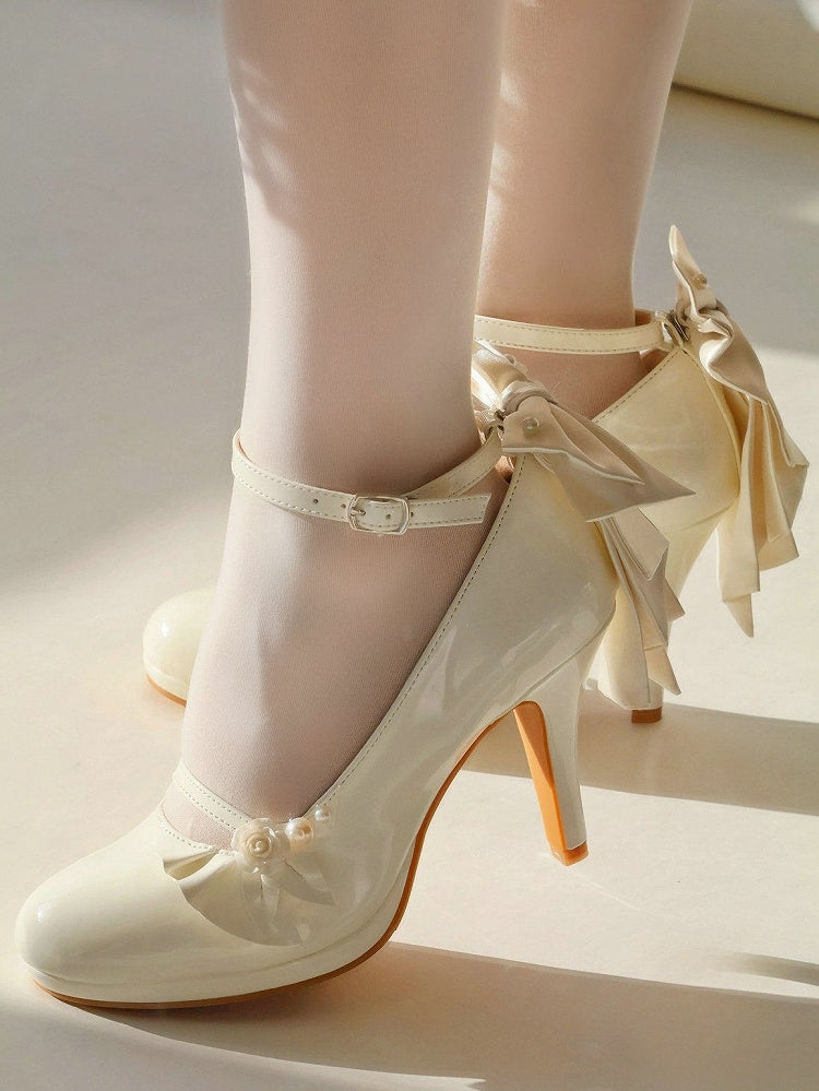 with White - Lolita Embellishments Elegant Mary Janes Design High-heel Rose Ruffle