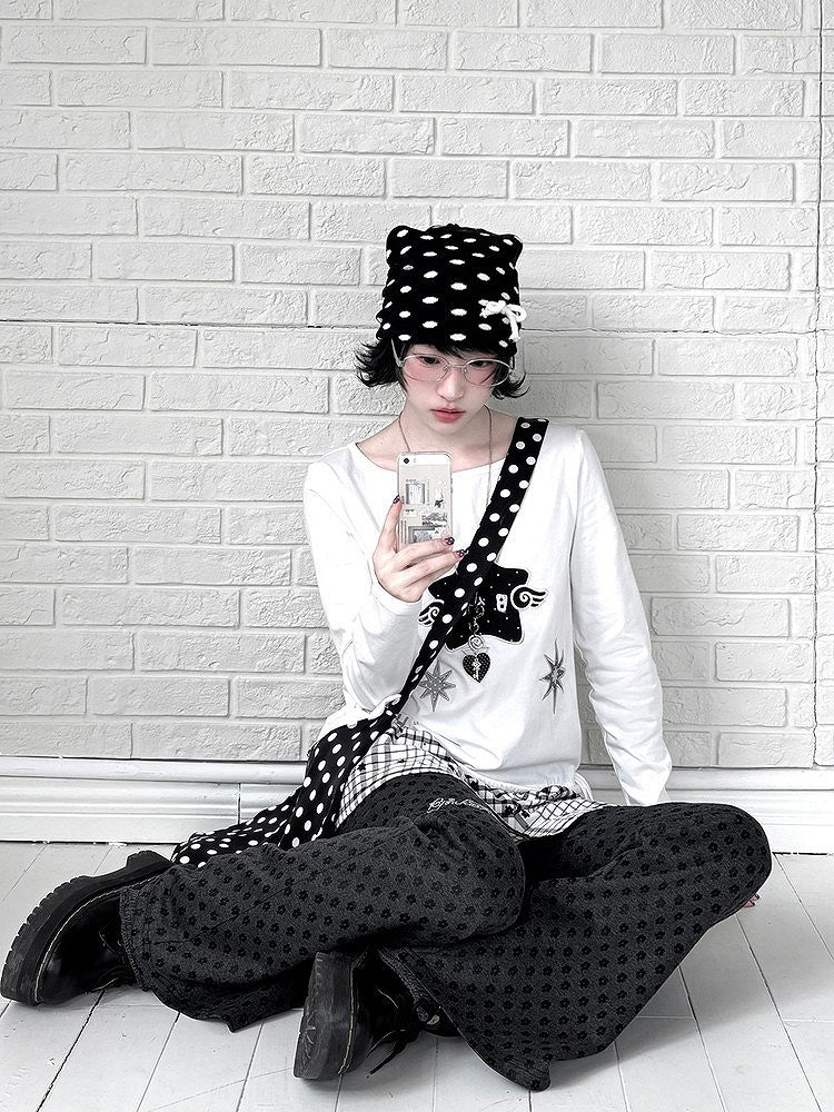 Accents Silhouette Pants Deep Pattern with Gray Kawaii Flare Floral Rhinestone Daily