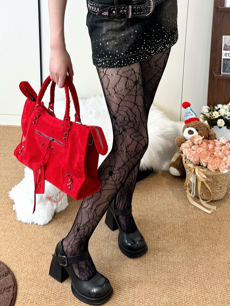 Black Punk Wasteland Spiderweb Tights Details