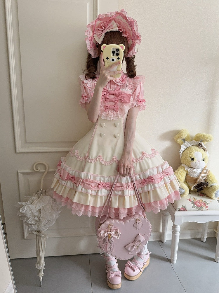 Pink Yellow Sweet Hemline Bows Ruffle Decorated Old Layered and