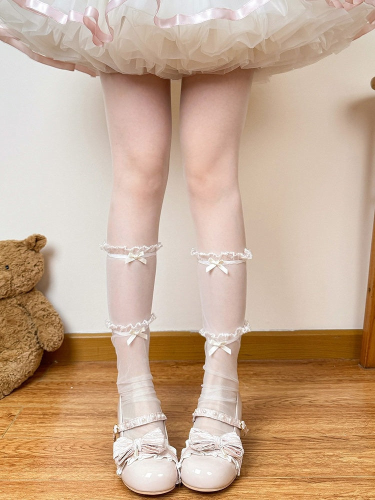Lolita Calf Socks with Sheer Bow & Ruffle Details, 3-Color Options - Fat Bear Story