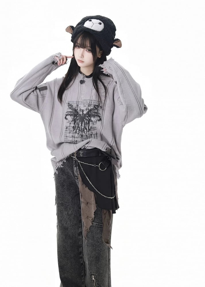 Graue Jeans mit asymmetrischem Reißverschluss, schwarzem Taillengürtel und Kette