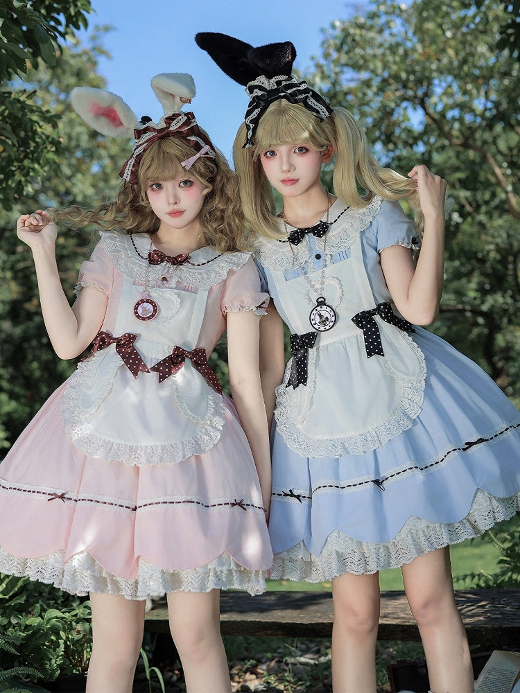 Blue and White Alice OP Dress with Apron - Sheep Puff Atelier