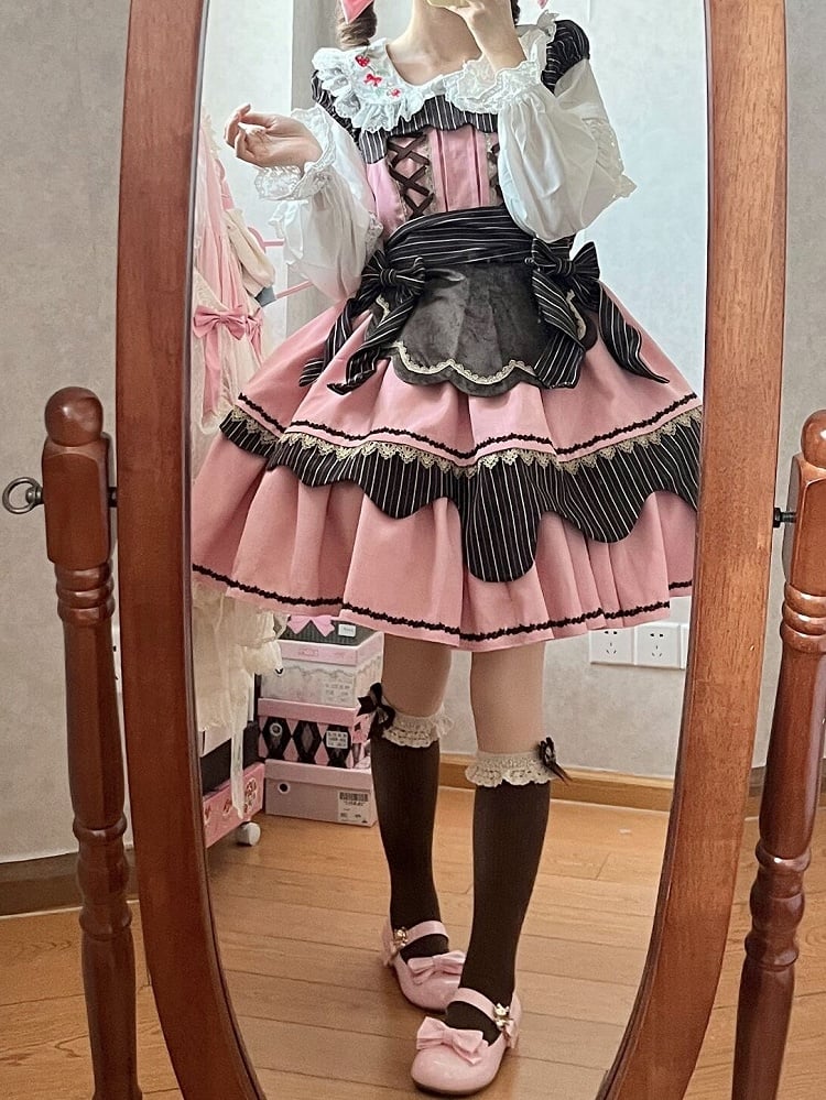 Pink Striped Square Details Sweet with Dress Bow Brown Neckline Lolita