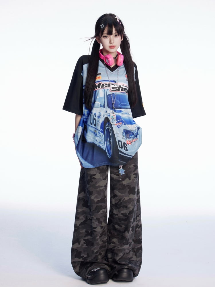 Blau Schwarz und T-Shirt Colorblock V-Ausschnitt Racing Print Loses Design