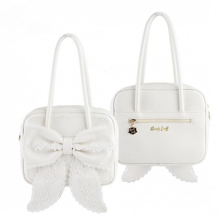 3 Featuring Large Bow Styles White PU Trim Lolita Bag Square Lace and Shoulder a