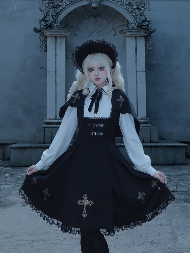 Black & Gold Cross Print Cape Design Gothic Dress Nun Lolita OP