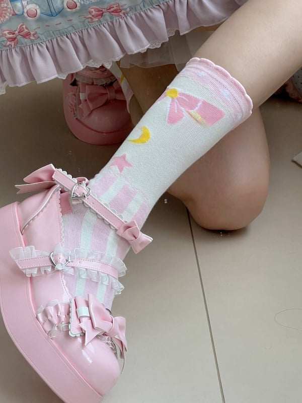 Pink Sweet Lolita Bowknot Star Moon Striped Pattern Calf Socks
