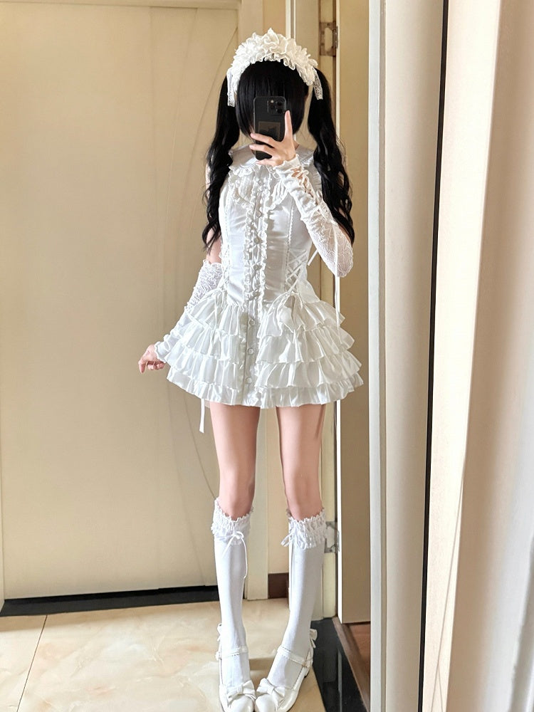 Sweet Kawaii White Peter Pan Collar Flutter Sleeves Tiered Dress - Jasmine White Original Design
