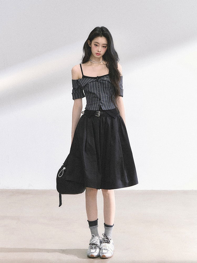 ツーピース オフショルダー ネックライン ブラック&グレー ストライプ トップス フェイク