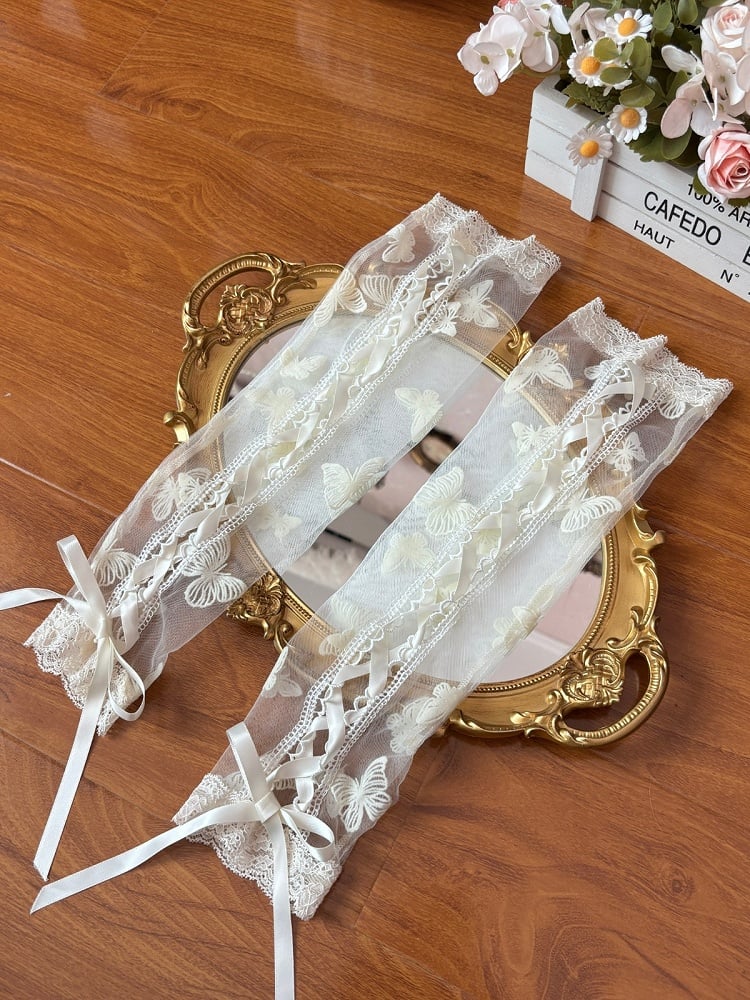 Beige Sheer Butterfly Pattern Lolita Wrist Cuffs with Bow - Flying ear rabbit