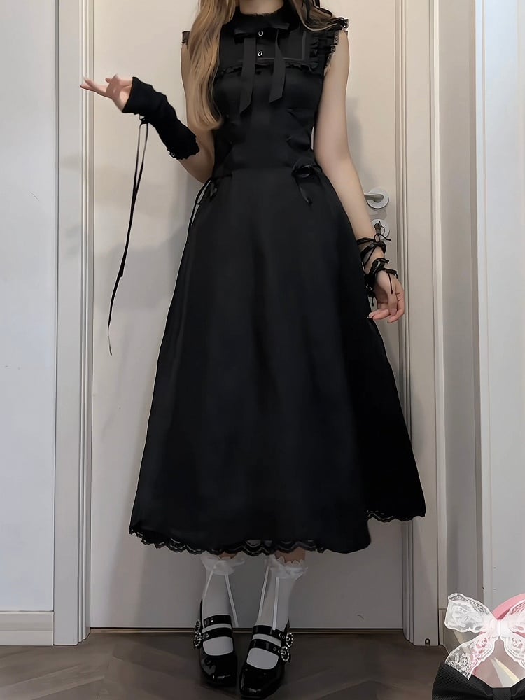 Version Waist Sleeveswith Long Ballet Dress:Flutter Black Lace-Up Style PureInnocent