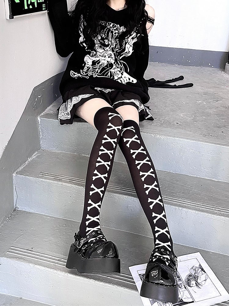 Bone Pattern Over Gothic Stockings Knee