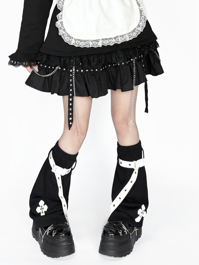 Style Harajuku Punk White Straps Detail Black Leg Leather Warmers: Cross