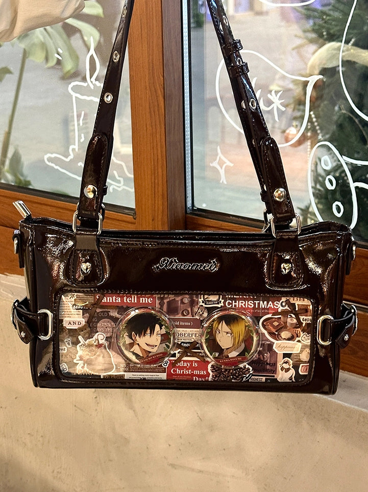 Versatile Ita Brown Leather PU Bag Transparent-Window