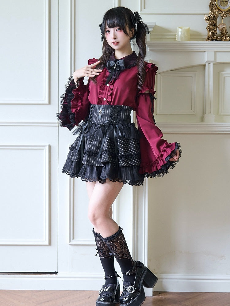 Jirai Kei Detail with Lace Bow Blouse Red Wine Bell-Sleeve Rhinestone