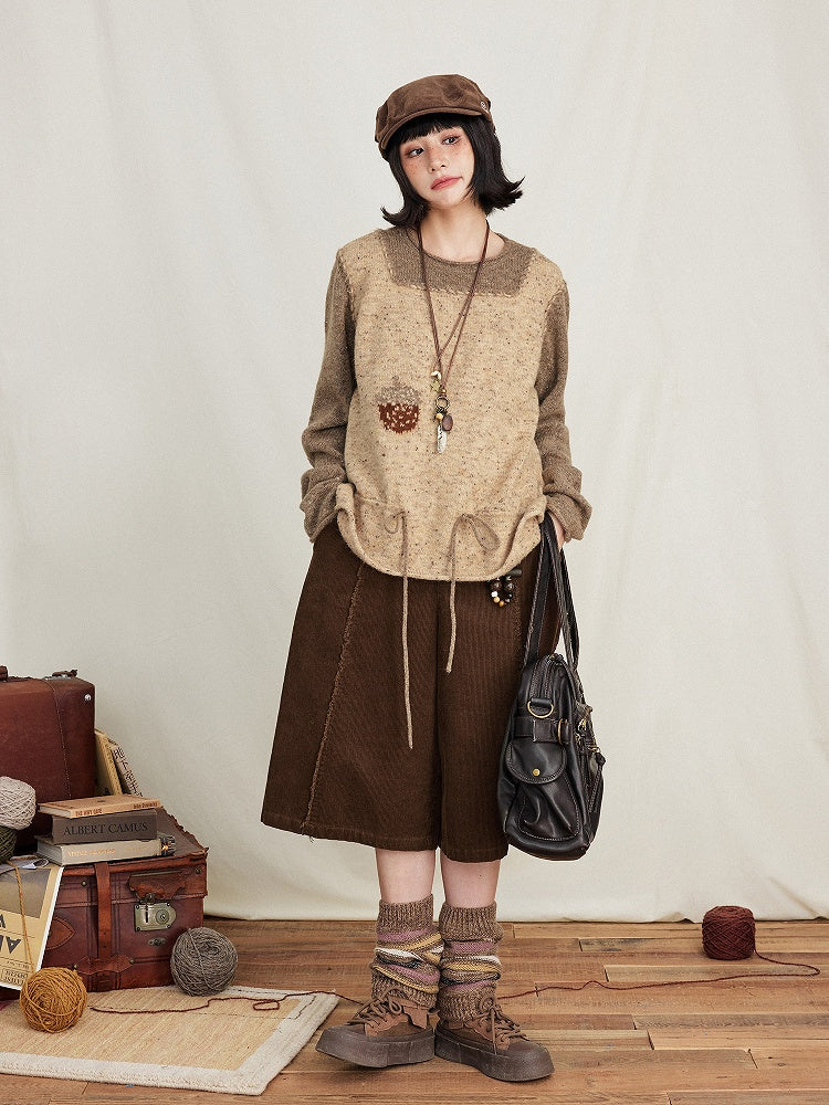 Drawstring Two-Piece Coffee Sweater Mock Pinecone Waist Kawaii Print with Vintage