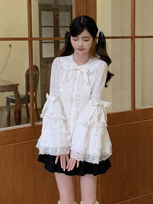 White Gothic Lolita Blouse with Flared Sleeves and Lace - Lan Jian Chuan