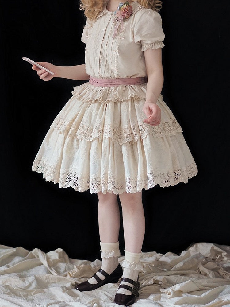 Beige Multi-layer Ruffles Elegant Lolita Skirt Floral Embroidery Details - Miss Point