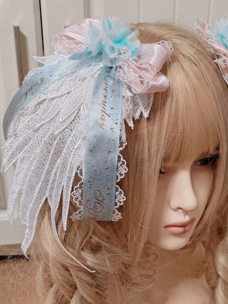 Pink Lolita Sweet Bowknot Lace Hairclip Floral Blue