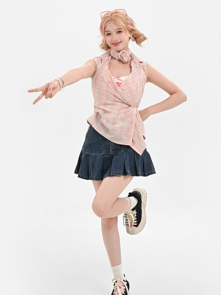 ピンクボタン、グリーンプラケット、グアバ刺繍、ハート柄、取り外し可能な袖付きチェックシャツ