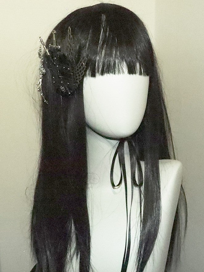 Und Schwarz-Silber Haarspange Flügel Schwert Skelett verziert Blumen Charme