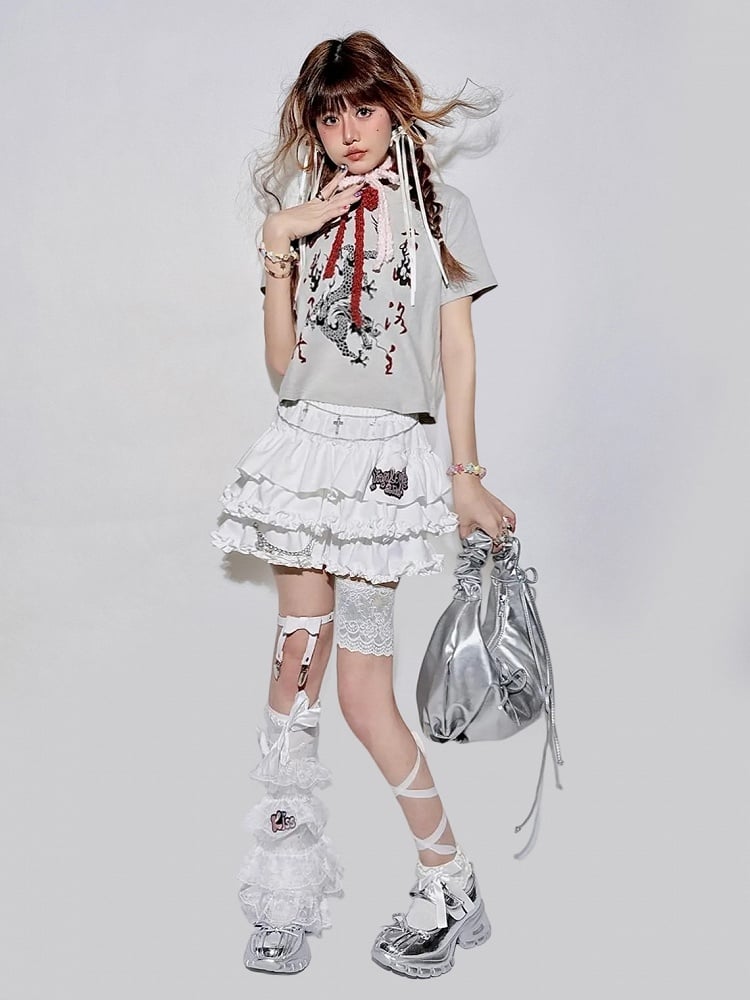 Elastic and Ruffle with Bubble White Tiered Waistband Hem Skirt